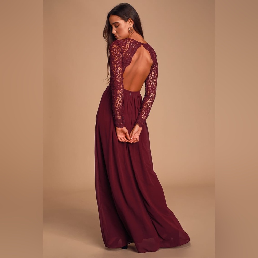 waken My Love Burgundy Long Sleeve Lace Maxi Dress